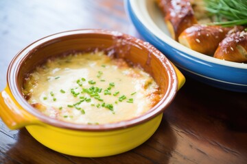 soft pretzel with melted cheese dip in a ceramic bowl