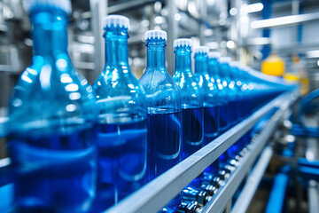 Conveyor belt with drinks in bottles, drink production line process