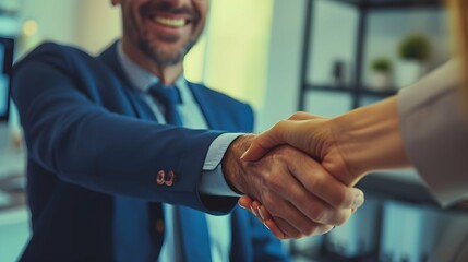 Portrait of cheerful young manager handshake with new employee. Business partnership meeting in office. Close up of handshake in the office. Mature businessman shake hands with a younger colleague - obrazy, fototapety, plakaty