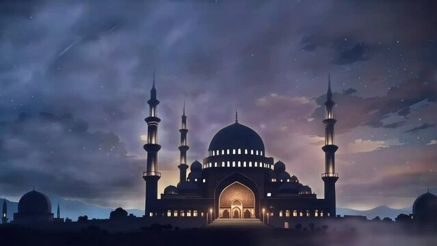 Ramadan background animation concept, silhouette of hagia sophia mosque with night sky background and shining stars. seamless looping time-lapse 4k animation background video
