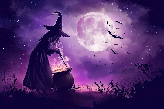 A witch stirring a cauldron with a full moon and bats in the night sky Halloween witch with potion and cauldron