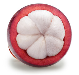 Mangosteen cross-section with white flesh on white background. Clipping path.
