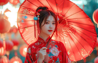 Fototapeta premium beautiful asian woman walking outdoors holding a red umbrella and smiling