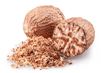 Nutmeg and ground nutmeg heap isolated on white background.