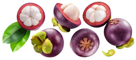 Mangosteen fruits and cross slice of mangosteen flying in air on white background. File cintains...