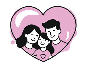 Parents and daughter inside heart shape symbol, isolated on white background
