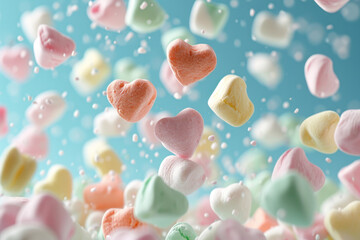 colorful heart marshmallows falling. Blurred marshmallow candy nature background