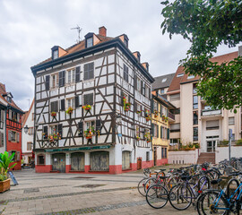 Fototapeta na wymiar The street of the old town in Strasbourg, La Petite France, Strasbourg.
