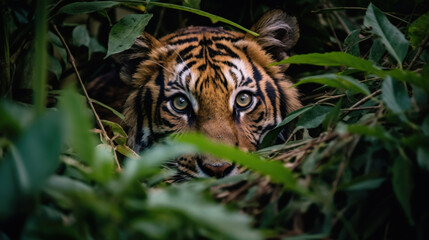 Fototapeta premium A captivating tiger's gaze peers through dense jungle foliage, capturing the essence of wildlife stealth and beauty.