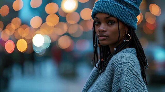 Bold and Brave Make a statement in this bold combination of a bright blue beanie, oversized grey sweater, and light blue distressed jeans. Add some statement earrings for a trendy touch.