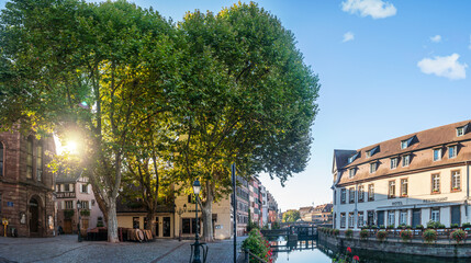 Le Petite France, the most picturesque district of old Strasbourg. Half-timbered houses along the...