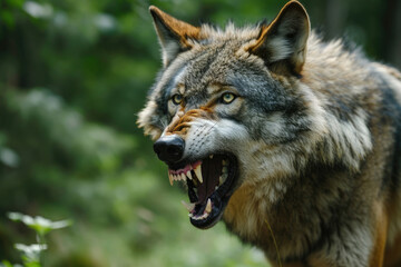 Portrait of an angry wolf in the forest at summer