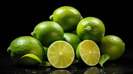 Vibrant green limes with refreshing water droplets, including sliced halves, beautifully arranged on a dark background.
