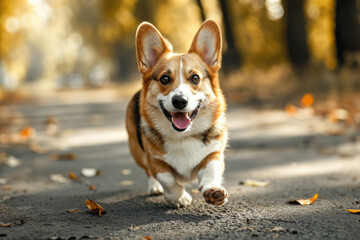 Happy corgi dog running in the autumn park