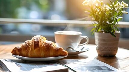 Morning Routine: A neatly arranged breakfast featuring a freshly baked croissant, a steaming cup of coffee and a newspaper on a table - obrazy, fototapety, plakaty