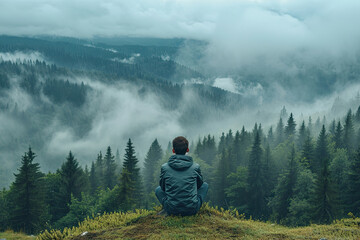 Back view of lonely man sitting on the ground and observing natural landscape with forest, low clouds