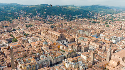 Fototapeta na wymiar Bologna, Italy. Old Town. Basilica of San Petronio, Piazza Maggiore. Panoramic view of the city. Summer, Aerial View