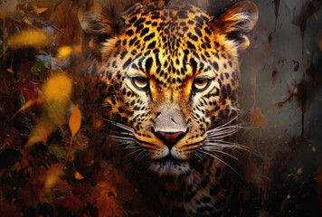 Obraz premium Capture the essence of a majestic jaguar against a dark backdrop.