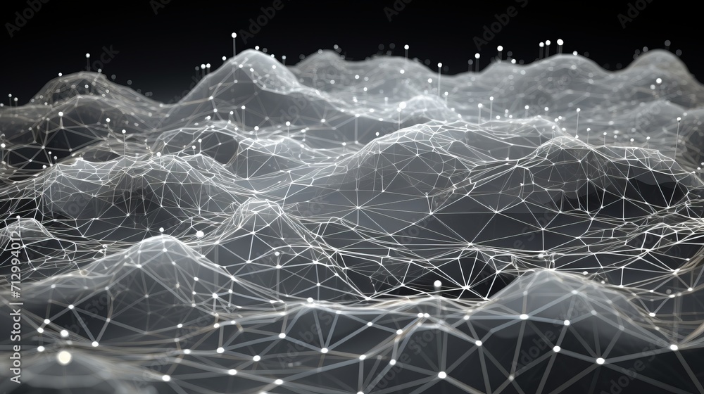 Poster networked horizons: 3d embossed mesh unveiling internet connections, cloud computing, and neural net