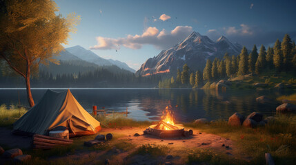 A serene camping setup with a tent by a lake at dusk, the tranquil water reflecting the surrounding autumnal mountains. - Powered by Adobe