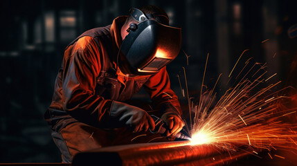 An industrial worker in protective gear skillfully welding metal, with bright orange sparks flying in a dark workshop environment.