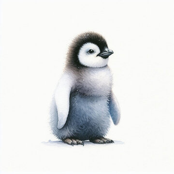 A baby penguin standing on a white background. The baby penguin is drawn with a lot of detail, and you can see its small beak, dark eyes, and soft feathers. The background is a simple white