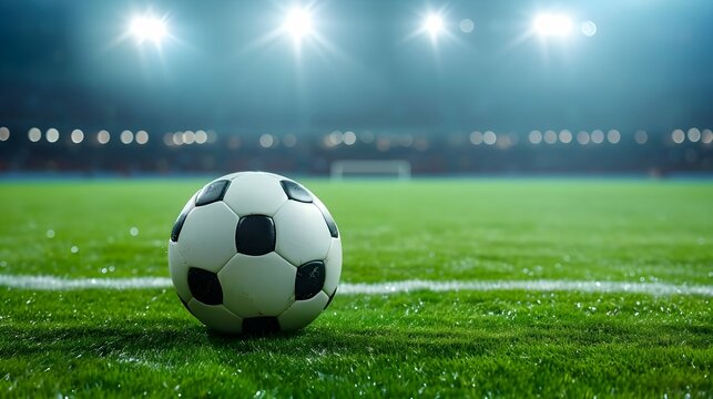 Live soccer scores, news, and online sports betting. Soccer ball in light flooded stadium on green soccer field. 