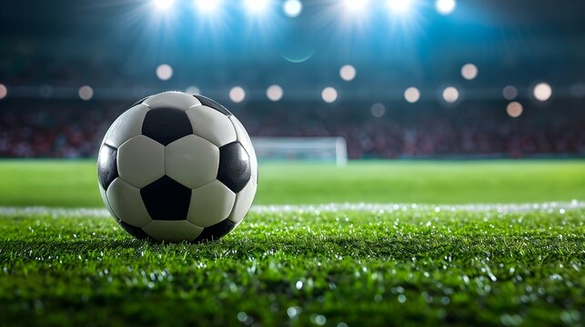 Live soccer scores, news, and online sports betting. Soccer ball in light flooded stadium on green soccer field. 