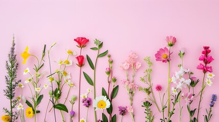 Herbarium wildflowers on pink paper background, vibrant colored flowers bouquet, background floral