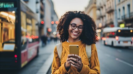 Happy Woman Using Mobile Phone App on City Street - obrazy, fototapety, plakaty