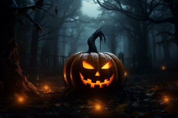 A glowing pumpkin in a dark forest at night during Halloween. Generative AI