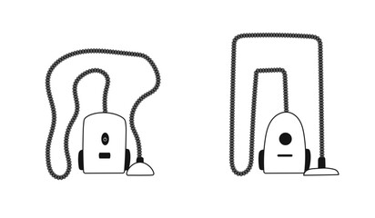 Two vacuum cleaners with geometric and wavy hose in flat minimal outline style. Cartoon cleaning equipment elements. Vector illustration