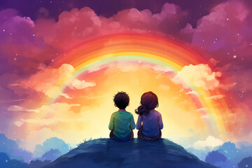 Illustration of two children friends sitting under a rainbow. happy childhood concept. Created with Generative AI