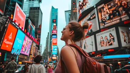 Female tourist at Times Square New York, USA  - obrazy, fototapety, plakaty