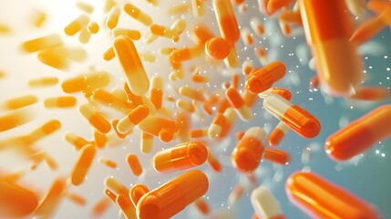 Falling healthcare and medical 3D background with orange premium pills - obrazy, fototapety, plakaty