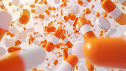 Falling healthcare and medical 3D background with orange premium pills - obrazy, fototapety, plakaty