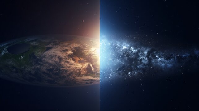 Starry space background with day and night transition over planet earth

