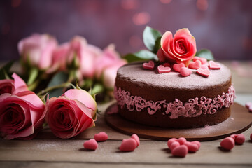 Obraz na płótnie Canvas Cake and flowers for Valentine's Day.