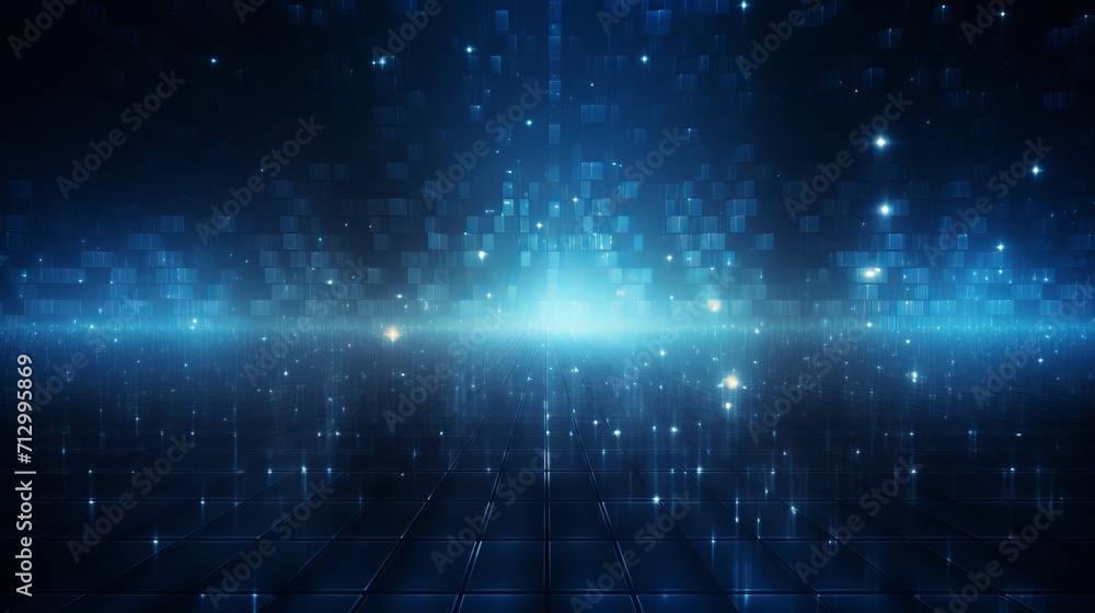 Poster dynamic deep blue abstract: mesmerizing digital background with sparkling light particles, evolving 