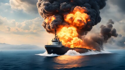 Ship ablaze, ocean explosion and smoke, capturing the intensity of a sea disaster at twilight. - obrazy, fototapety, plakaty