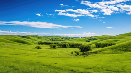 Fototapeta premium Embrace nature's beauty: rolling hills, trees, meadows – a lush panorama. Preserve and cherish our environment for a sustainable tomorrow