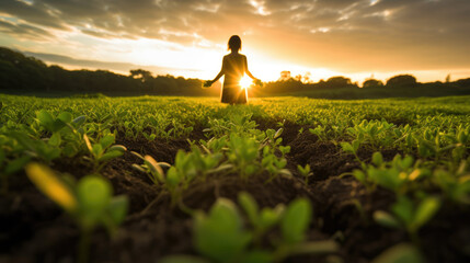 Silhouetted figure stands in lush field, embodying commitment to environmental stewardship, nurturing a greener future