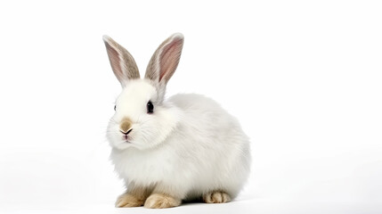 Adorable white bunny, pure as snow, captivates in a solo portrait against a pristine white studio backdrop