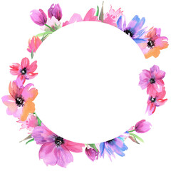 Pink and blue watercolor hand painted floral frame. PNG transparent illustration