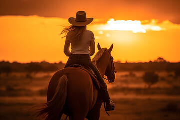 Beautiful cowgirl in hat riding a horse. Sunset. Rear view. - obrazy, fototapety, plakaty