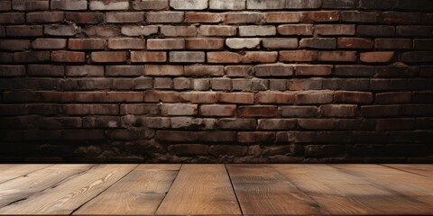 Empty brown wooden table and old black brick wall blur background image suitable for photomontage or product display.