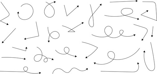Hand drawn curved arrows set. Sketch doodle style collection. Route or pointers icon vector illustration