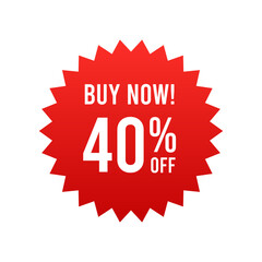 Buy now 40 percent off banner, red label isolated on white background. Tags, badge, ribbon for promotion. Vector illustration