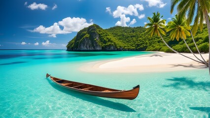 Tropical serenity: Canoe on sandy beach, capturing the beauty of a summer landscape on a tranquil island in the ocean.