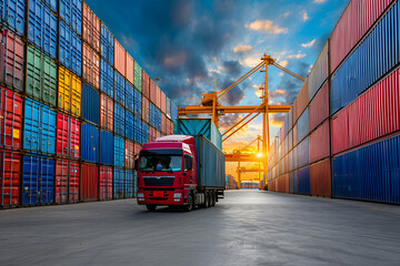 Container truck in ship port for business Logistics import and export. - obrazy, fototapety, plakaty